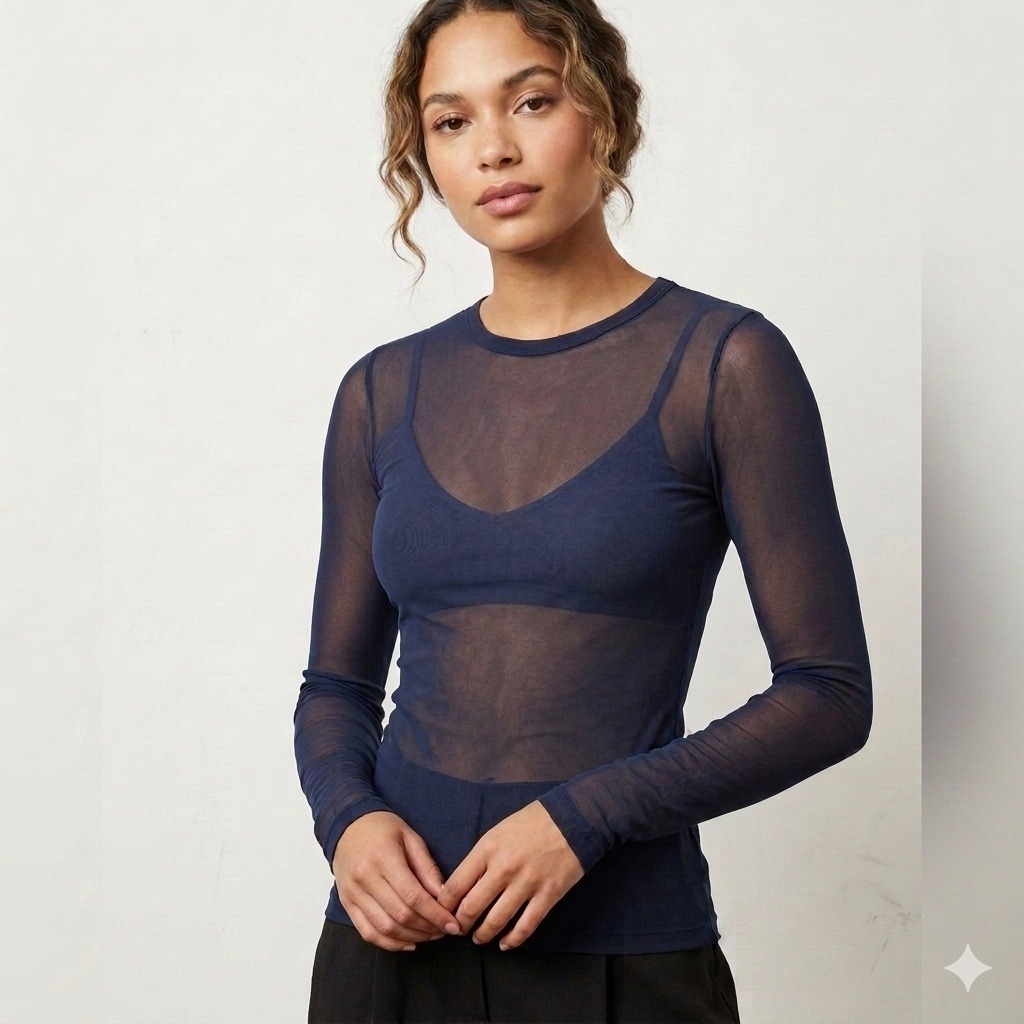 New Raquel Allegra Long Sleeve Mesh T-Shirt Indigo Blue Small 100% Cotton